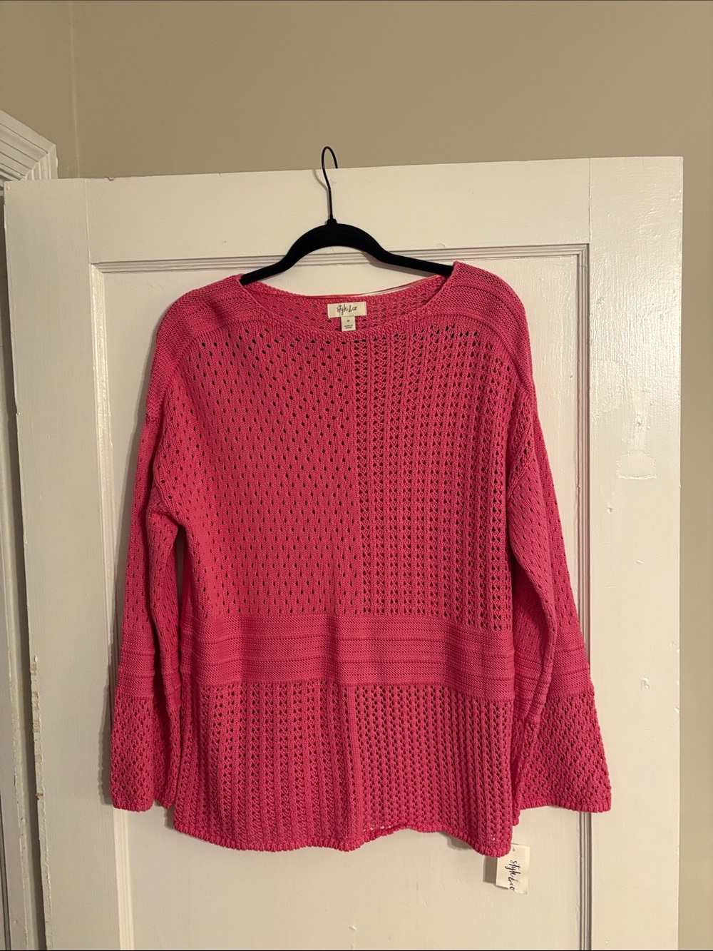 Style & Co. Pink Open-Knit Crewneck Sweater